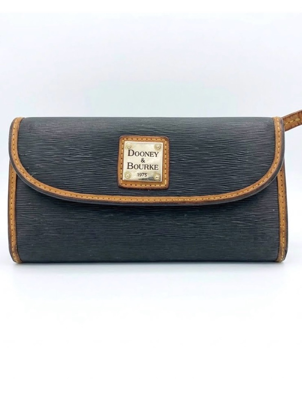 Dooney & Bourke Black Leather Wallet with Brown Trim and Logo Plate
